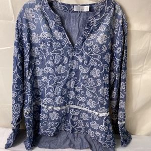 TIME AND TRU V NECK Blouse Top Bell Long Sleeve Ombra Blue BOHO Floral XL